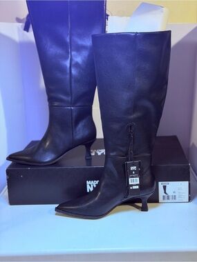 Madden NYC Black Pointed-Knee Kitten Heel Boots